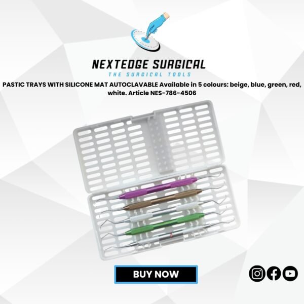 PASTIC TRAYS WITH SILICONE MAT AUTOCLAVABLE Available in 5 colours: beige, blue, green, red, white. Article NES-786-4506